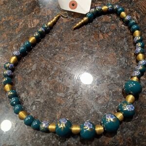 Teal and Gold Beaded Necklace